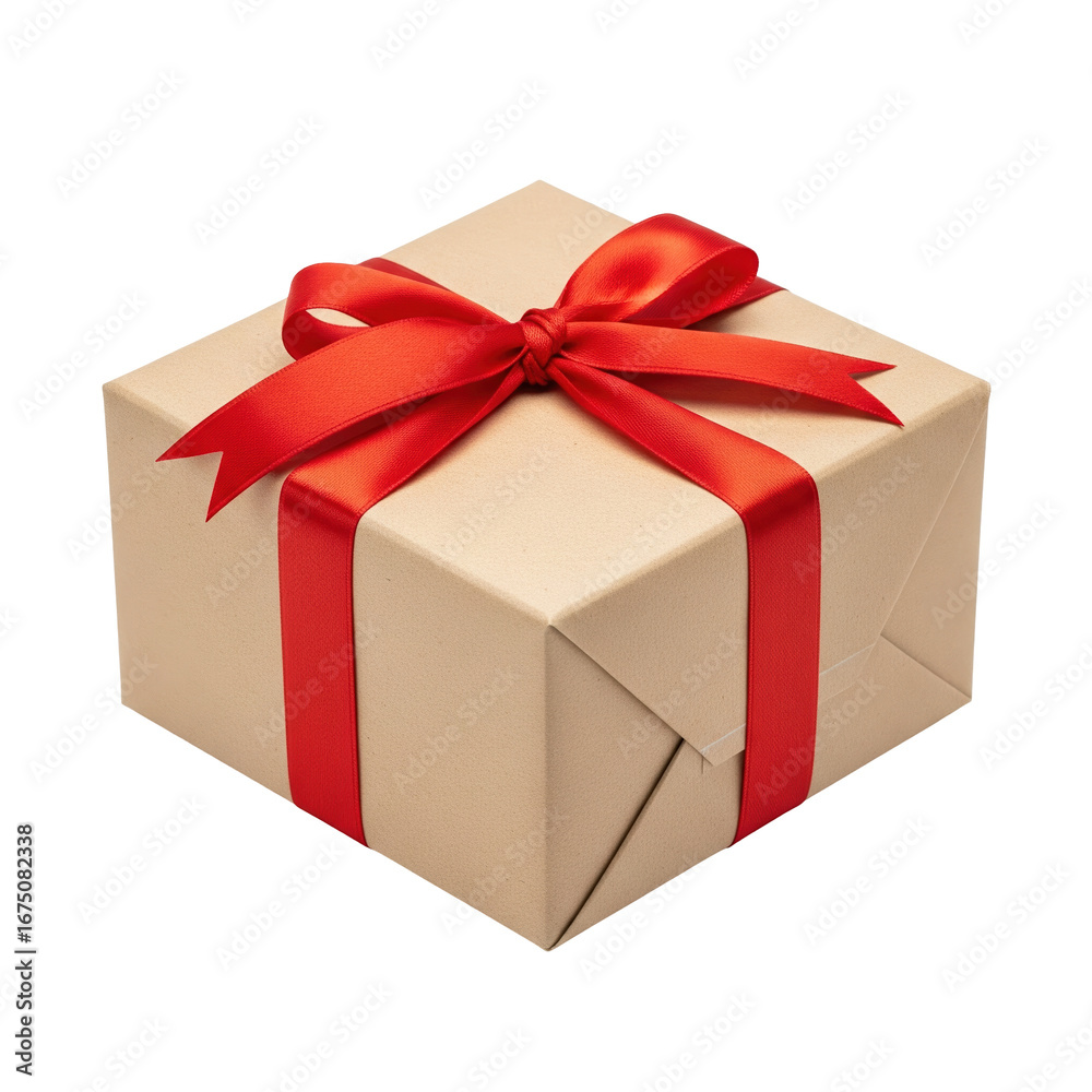 Obraz premium A beautifully wrapped beige gift box tied with a bright red satin ribbon and bow, ready for any festive occasion or special event.