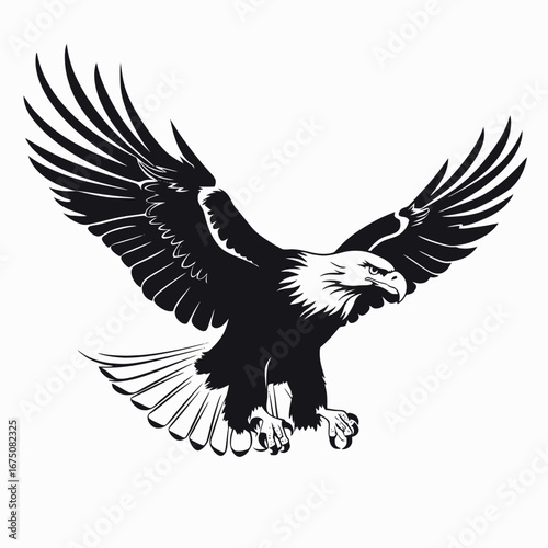 Striking majestic American bald eagle soars powerfully in vector format silhouette