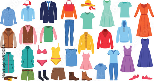 Clothing and accessories collection with shirts, jackets, dresses, shoes, hats, and bags for fashion, retail, and design projects