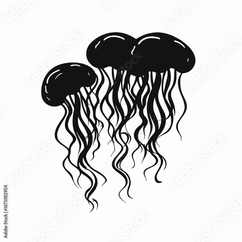 Three black jellyfish gracefully float in an elegant underwater illustration silhouette