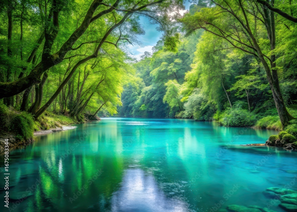 Obraz premium Serene forest surroundings with a tranquil turquoise river flowing gently through the landscape