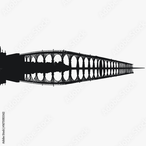 Magnificent black aqueduct architectural structure reflected in water, an arched bridge silhouette