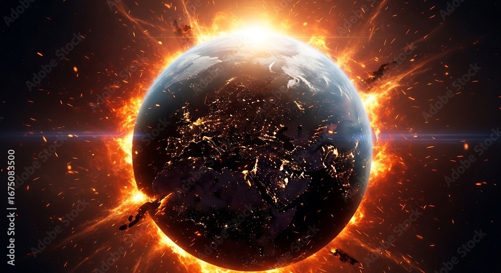 Obraz premium Earth engulfed in fiery celestial event with glowing energy