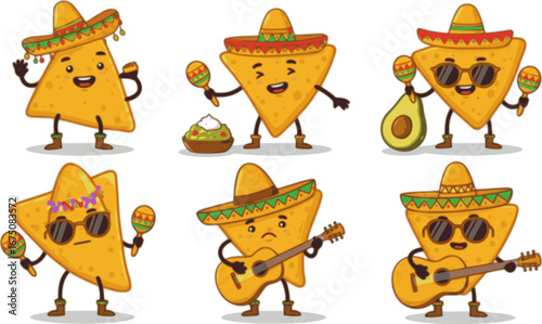 Groovy mexican nachos chips characters at Mexico fiesta party, vector corn tortilla food. Cartoon groovy hippie nacho chips with sombrero hats, guitar, avocado guacamole, maracas and sunglasses