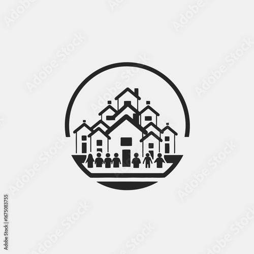A community, showcasing houses with people, a harmonious society, creating a silhouette