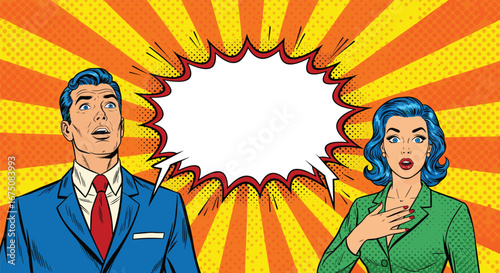 Pop art surprised man and woman with speech bubble in retro comic style for design, advertising, and creative illustration projects