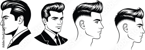 Stylish men’s hairstyle profile illustrations with classic, modern, and casual haircuts for barber, fashion, grooming, and design inspiration projects
