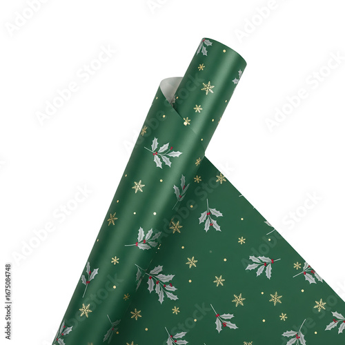 A partially unrolled dark green christmas wrapping paper roll featuring a festive pattern of white holly leaves with red berries and golden snowflakes, perfect for holiday gifts.