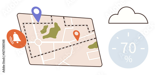 Navigation map with two location pins, weather cloud, data percentage indicator, and alert bell. Ideal for navigation, location tracking, weather updates, travel planning, geolocation route
