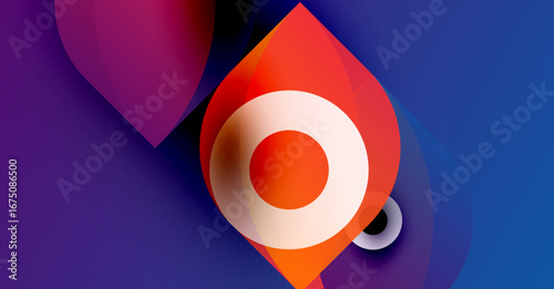 Abstract design features vibrant overlapping shapes. Orange, purple, blue hues create dynamic visual impact. Modern, fluid composition.