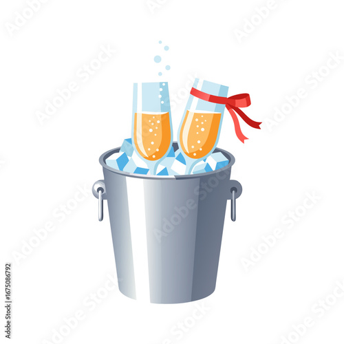 Champagne bucket with glasses and festive bow for New Year party celebration.