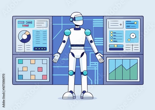 Robot standing in front of a screen with data visualizations and charts for analysis and insights