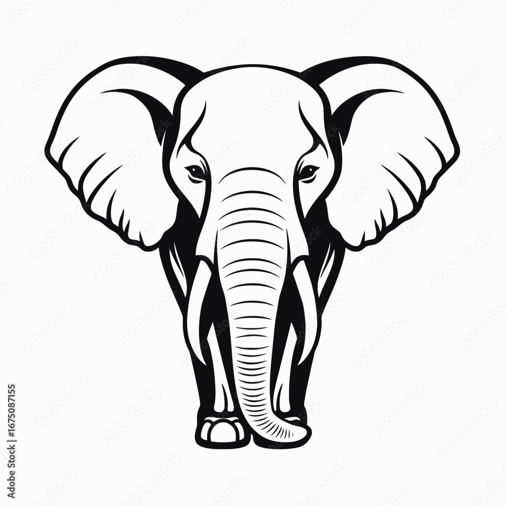 Obraz premium Majestic elephant frontal view graphic art in black and white silhouette