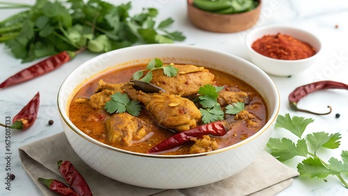 ealistic colorful designs of Tamil Nadu chettinad chicken curry, white background, no text