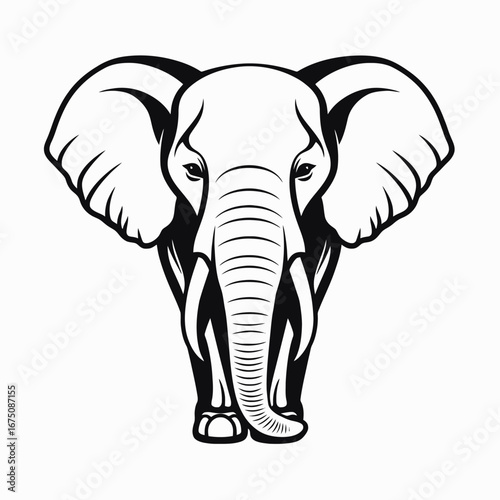 Majestic elephant frontal view graphic art in black and white silhouette