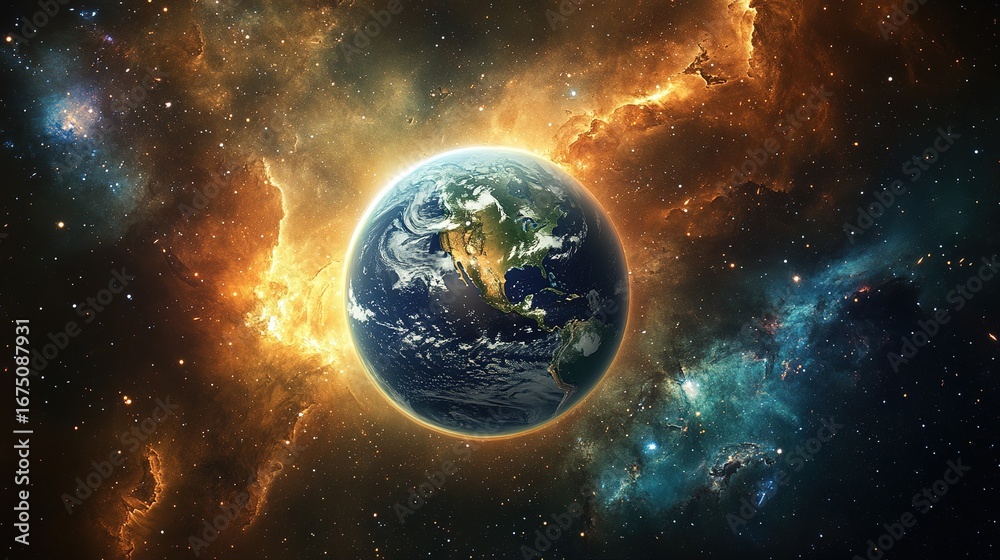 Fototapeta premium Earth illuminated like a radiant star in the vastness