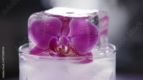 Purple orchid flower in ice cubes