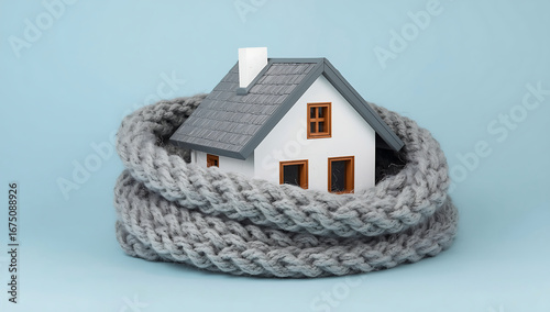 A small toy house wrapped in a knitted scarf on a blue background