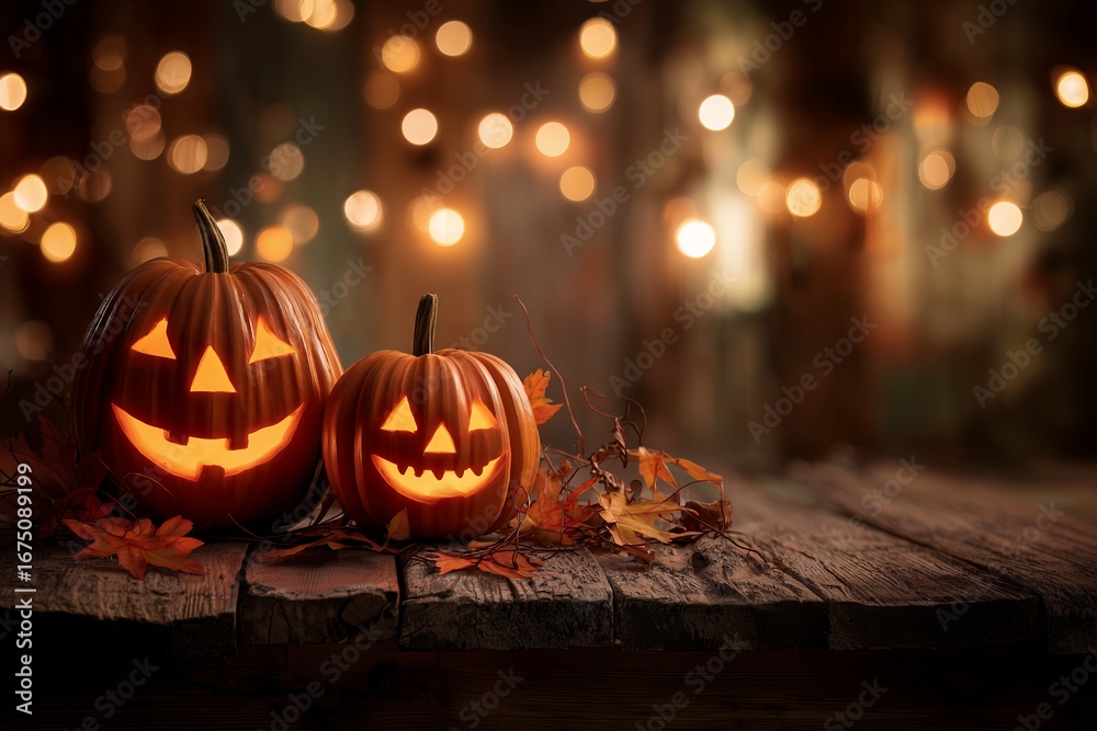 Fototapeta premium Two glowing carved pumpkins with autumn leaves on a rustic wooden surface and bokeh lights background. Concept for Halloween decoration, autumnal celebration and festive season promotion
