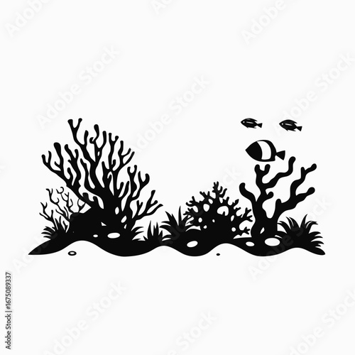 Graphic monochrome undersea world showcasing various tropical fish and coral reef silhouette