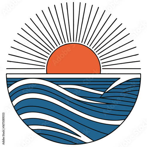 Minimalist Sunset and Ocean Waves Vector Illustration – Retro Summer Beach Design