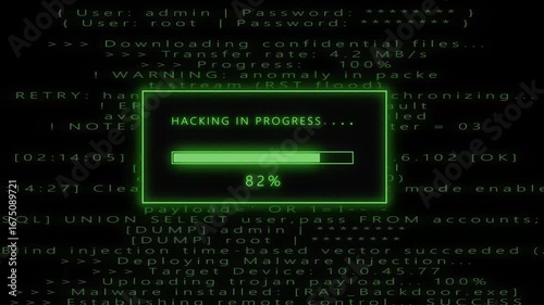 Blue glowing hacking in progress loading bar animation with digital binary code and cyber programming background futuristic security interface screen