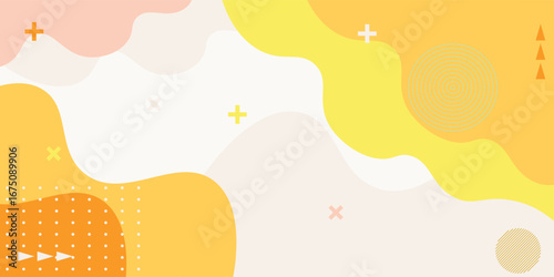 Abstract colorful orange Memphis flat geometric shapes background. Abstract composition with lines square dot triangle circle and wavy flat style.