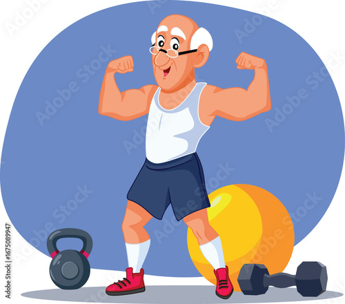 Happy Strong Grandpa Exercising with Weights Vector Cartoon. Energetic cheerful senior man flexing his muscles
