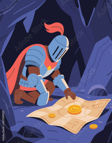 Knight explores a map, seeking treasure in a dark cavern. This medieval concept is ideal for adventure, fantasy, and explorationthemed projects.