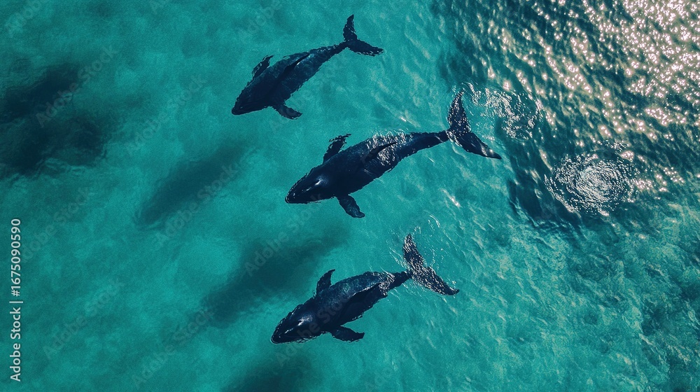 Fototapeta premium Drone perspective of a whale pod in deep blue ocean