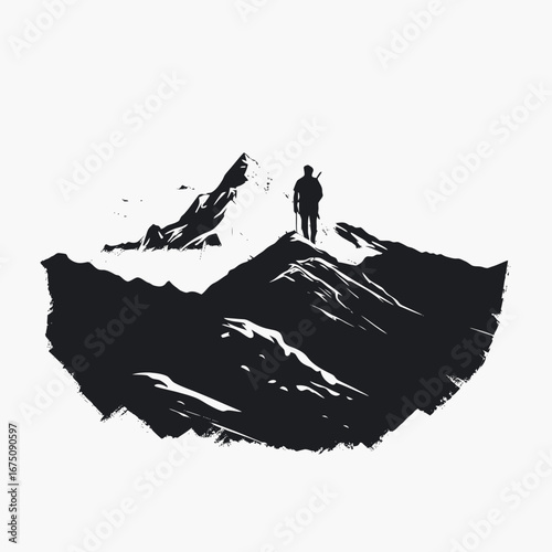 Solitary mountain climber at summit in dramatic ink style silhouette
