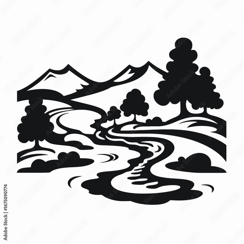 Fototapeta premium Serene mountain river landscape creates a captivating and elegant vector silhouette