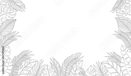 Tropical leaf line art wallpaper background vector. Design of natural Monstera leaves and banana leaves in a minimalist linear outline style. Design for print, cover, banner, decoration.