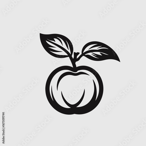 Dark black healthy ripe apple with leaves vector illustration silhouette