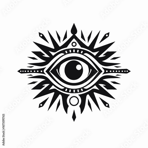 Mystical eye emblem with geometric shapes in striking black silhouette