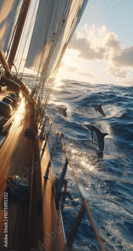 Sailing ship with dolphins