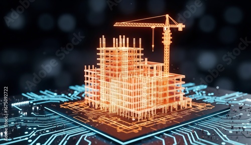 Building Information Modeling (BIM) concept. A glowing hologram of a building under construction on a CPU, symbolizing smart construction and digital architecture.

