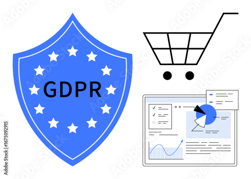 Blue GDPR shield alongside e-commerce shopping cart and data dashboard screen showing charts and graphs. Ideal for security, compliance, e-commerce, analytics, online privacy, regulations, simple