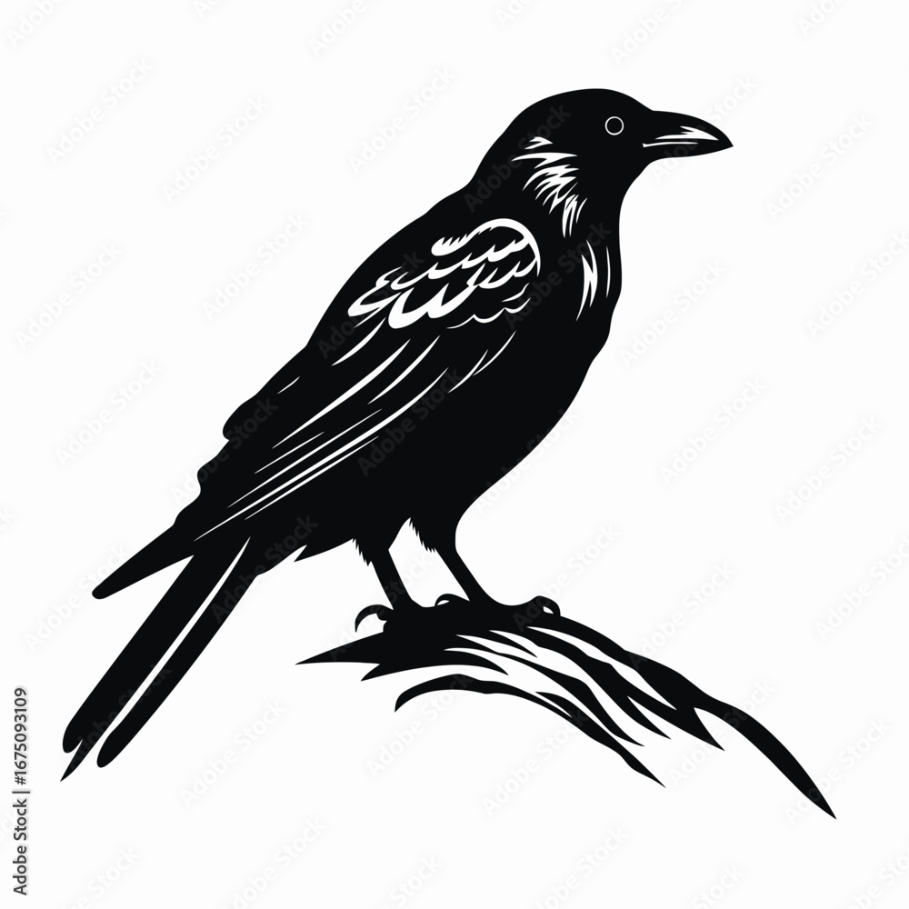 Fototapeta premium Raven perched on a branch, embodying mystery, depicted as a striking silhouette