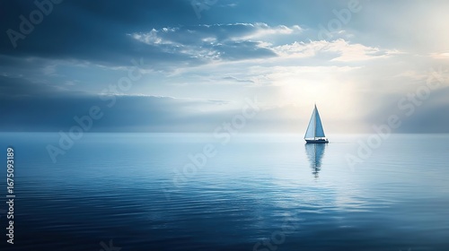 Distant cinematic shot of a yacht sailing in vast ocean