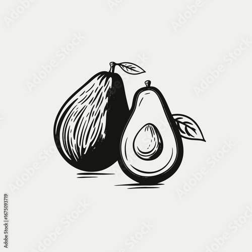 Two appetizing avocados with leaves in monochromatic hand drawn style silhouette