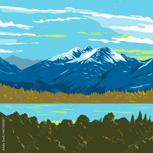 WPA art style illustration of the Murchison Mountains on the eastern shore of Lake Te Anau in Fiordland National Park in the South Island of New Zealand done in works project administration.