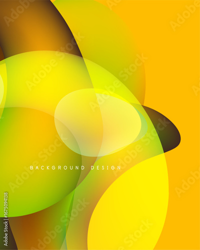 Abstract yellow design features overlapping translucent shapes. Gradient colors create dynamic visual effect. Modern background texture.