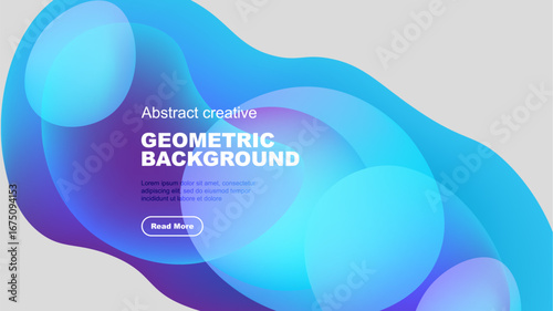Abstract geometric background features overlapping translucent shapes. Blue, cyan hues dominate design, with text overlay. Modern aesthetic.