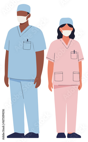Two healthcare professionals, a man and a woman, stand side-by-side wearing surgical scrubs and masks.
