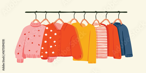 A vibrant display of various colorful clothings hung on a rack, showcasing style and fashion. Capture the modern wardrobe choice.
