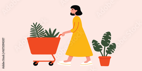 A woman walks alongside shopping cart filled with verdant plants, accompanied by potted foliage in a serene illustration.