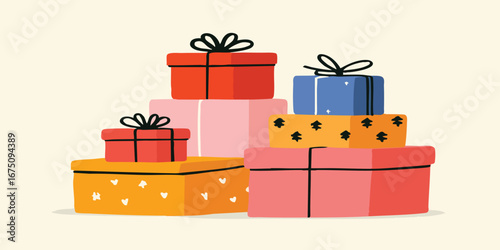 A cheerful illustration presents a stack of beautifully wrapped gifts, each box a different color and pattern, tied with elegant bows, signifying generosity and joy.