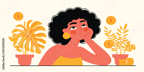 A thoughtful individual contemplates financial growth, with golden coins and plants symbolizing prosperity and potential.
