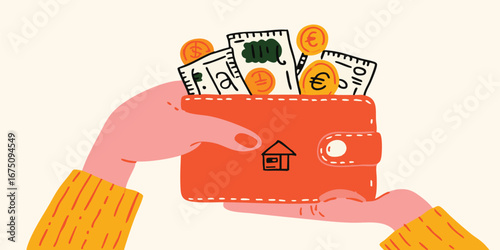 The hands tenderly hold a wallet brimming with currency, it's a visual representation of wealth, financial security, and the act of spending.